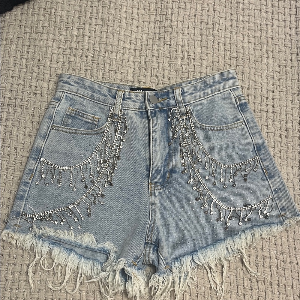 Rhinestone Light Blue Denim Shorts